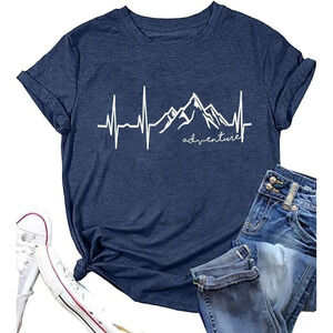 Women Graphic Tees Mountain Adventure Shirts Heartbeat Hiking Camping Top-Navy